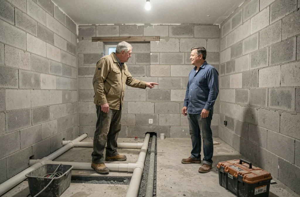 Entrepreneur de SARL Entreprise Darthenay Jean Pierre expliquant le tracé de plomberie à un propriétaire dans une salle de bain en démolition