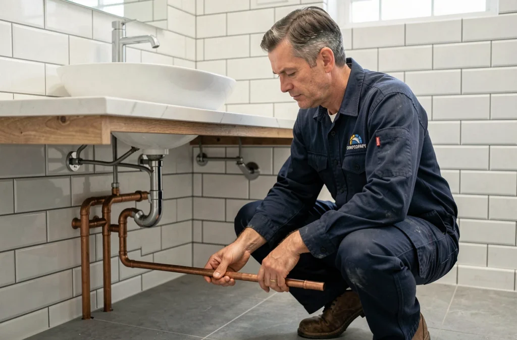 Plombier professionnel de la SARL Munoz Emmanuel installant une vanité de salle de bain avec raccordements en cuivre