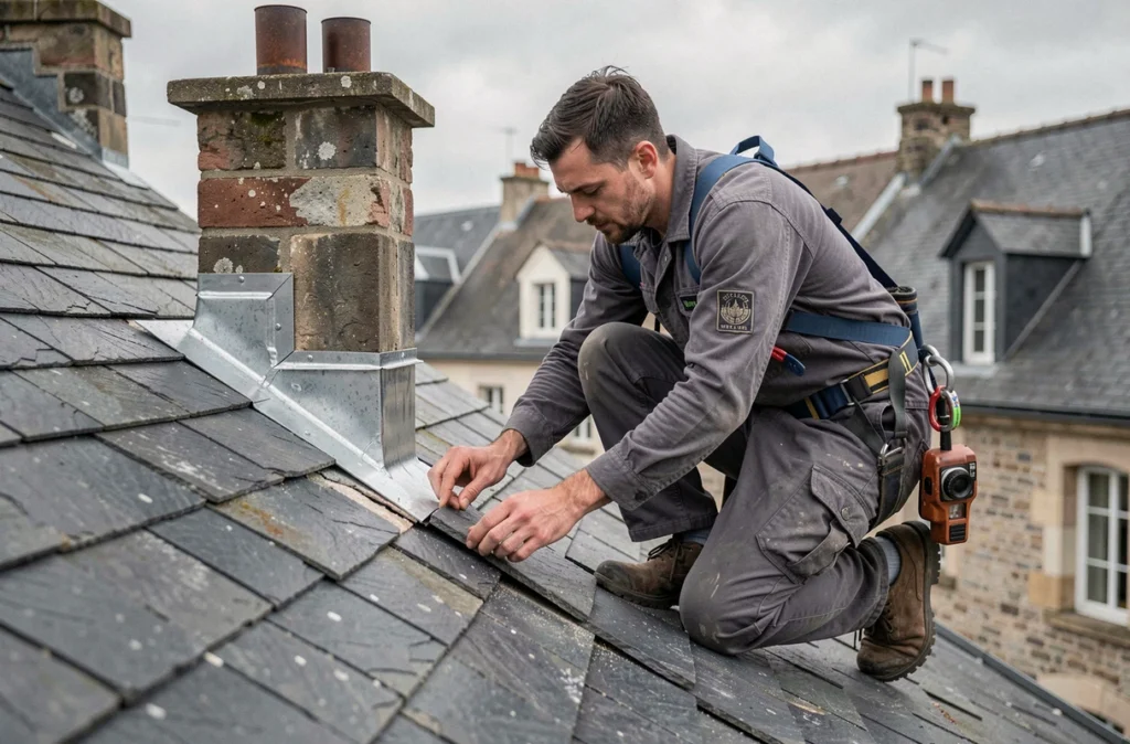 Couvreur de SARL Roberge Couverture remplaçant des ardoises autour d'une ventilation de salle de bain sur un toit normand