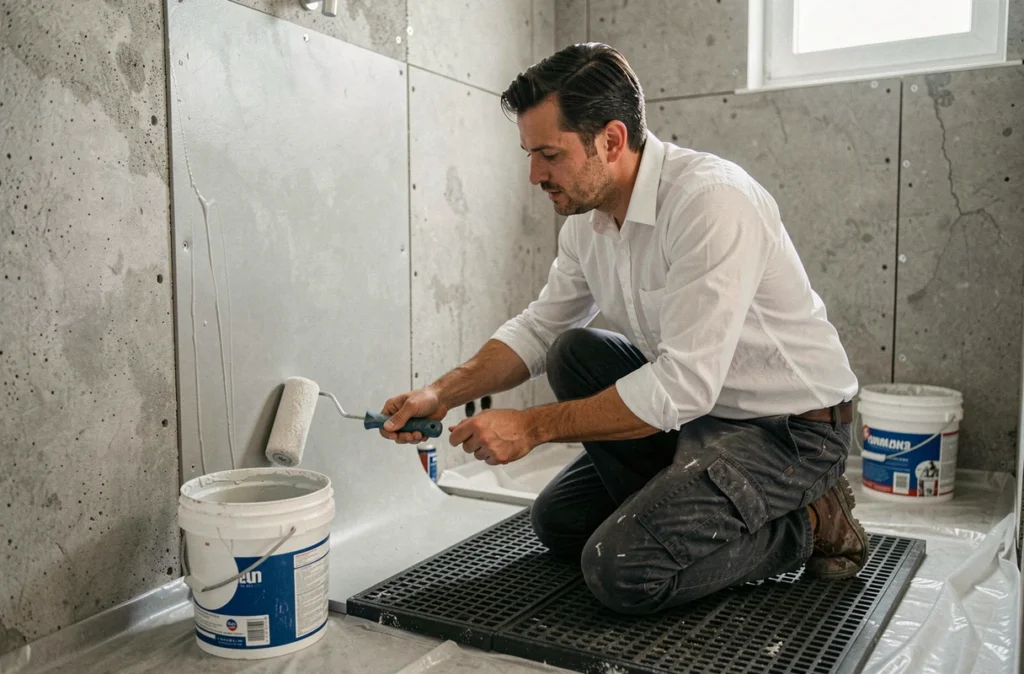 Rénovateur de SARL Stéphane Leroy appliquant une membrane d'étanchéité dans une douche à l'italienne avant la pose de carrelage