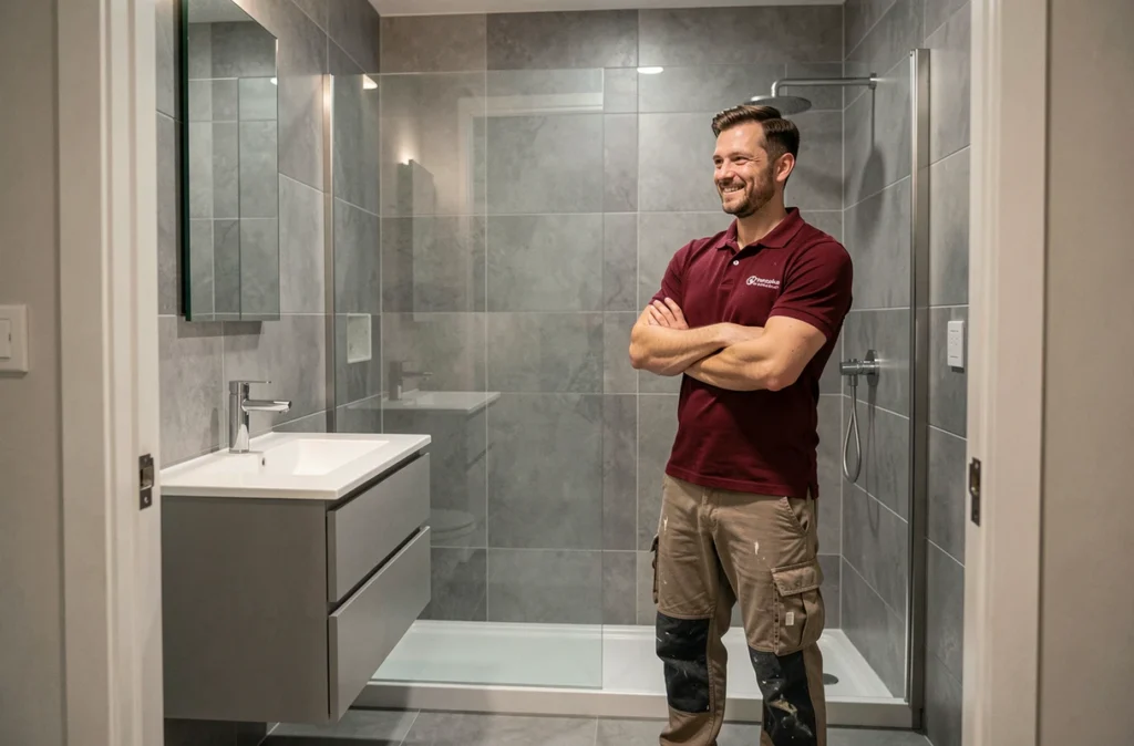 Spécialiste de SN Renov admirant une salle de bain moderne entièrement rénovée avec carrelage grand format et meuble vasque flottant