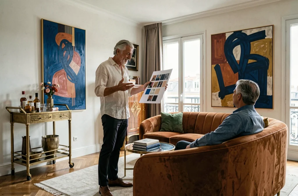 Salon en penthouse marseillais signé Stéphane Risbourg avec meubles Art Déco, toiles abstraites audacieuses et décorateur présentant un moodboard à un client sur canapé en velours