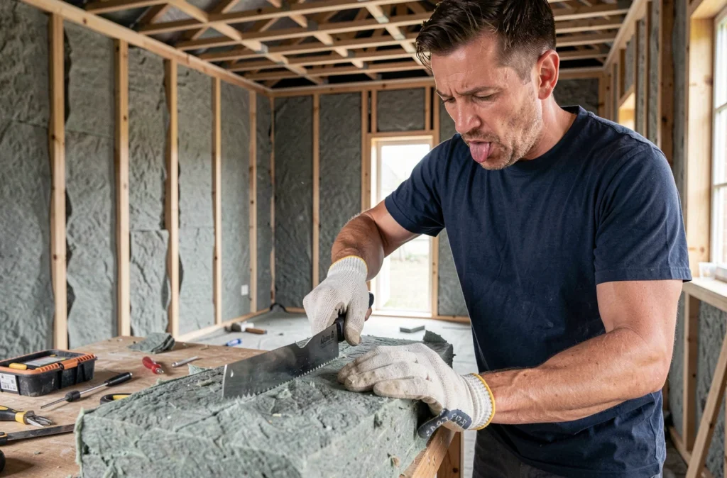 Poseur d'isolation découpant précisément un panneau de laine de roche lors d'un chantier d'aménagement intérieur à Bischwiller