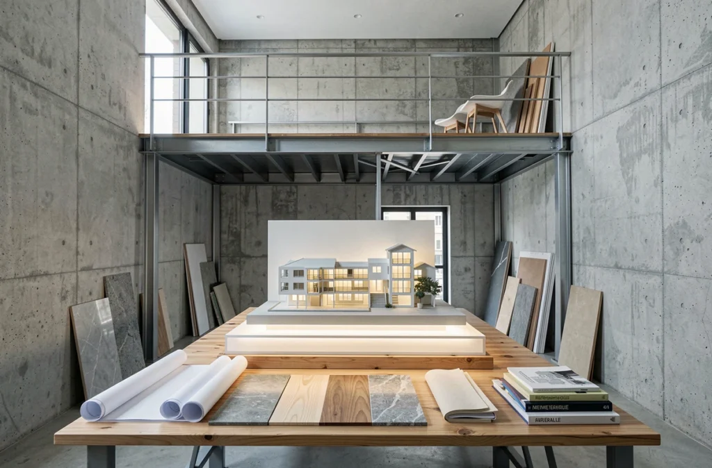 Studio d'architecture intérieure TOBA à Marseille avec espace de travail en double hauteur, mezzanine en acier, maquette architecturale et planches de matériaux en béton brut et bois