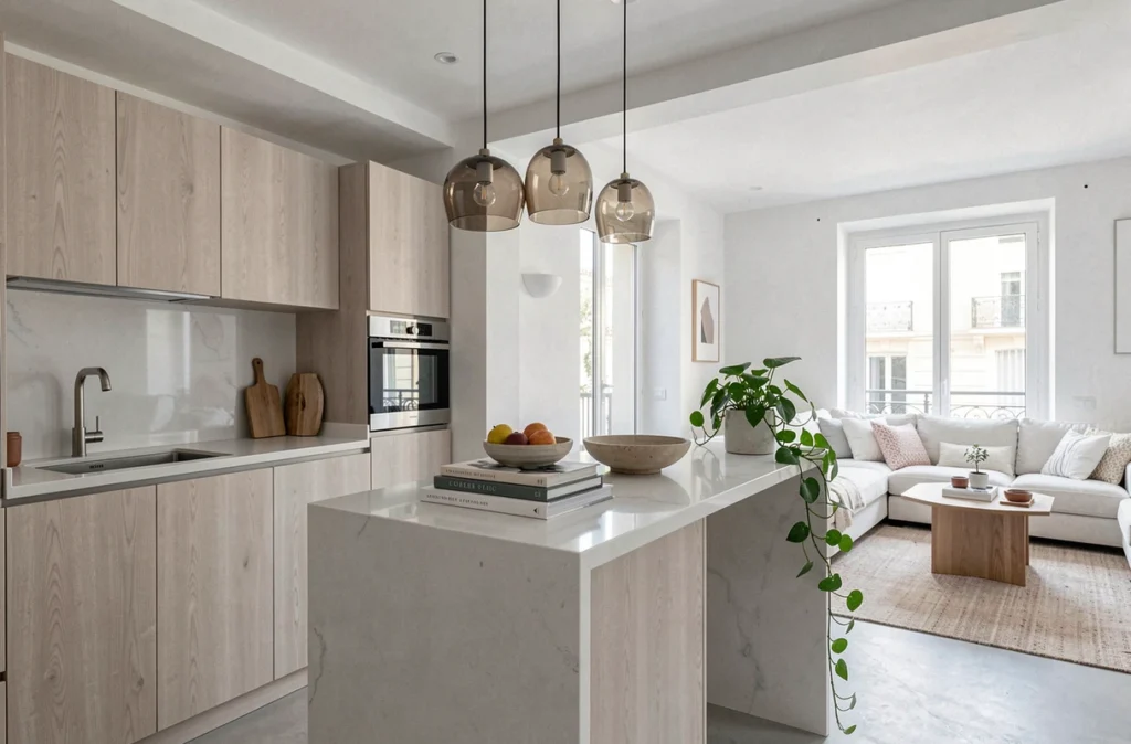 Cuisine et salon ouverts à Marseille par Yann Dumas, avec cabineterie en frêne clair, îlot en quartz effet cascade et suspensions en verre fumé dans un espace épuré au design scandinave-méditerranéen