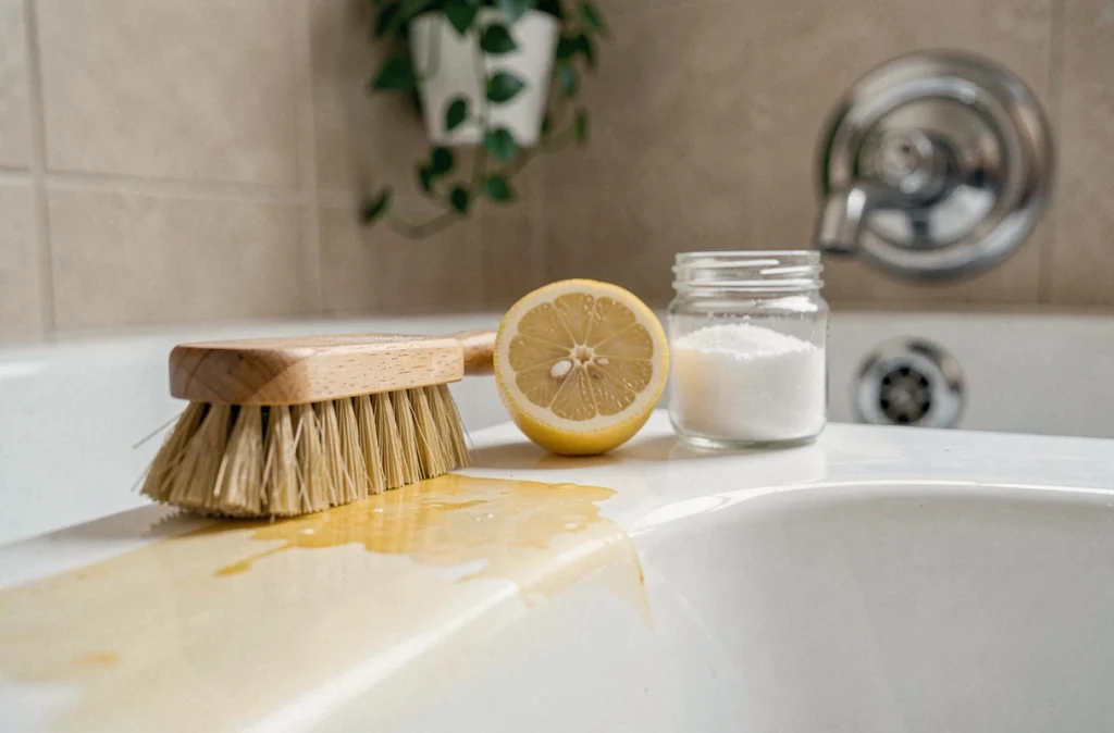 Gros plan sur une baignoire acrylique en cours de nettoyage avec du citron et du sel gros, méthode naturelle contre le jaunissement