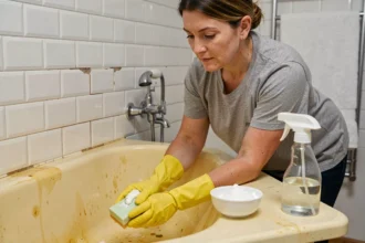 Femme nettoyant une baignoire en acrylique jaunie avec du bicarbonate de soude et une éponge douce sans produits chimiques agressifs